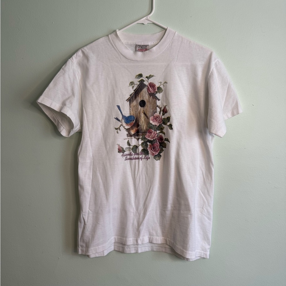 Vintage 90s Birdhouse and Floral Design Tshirt (M)